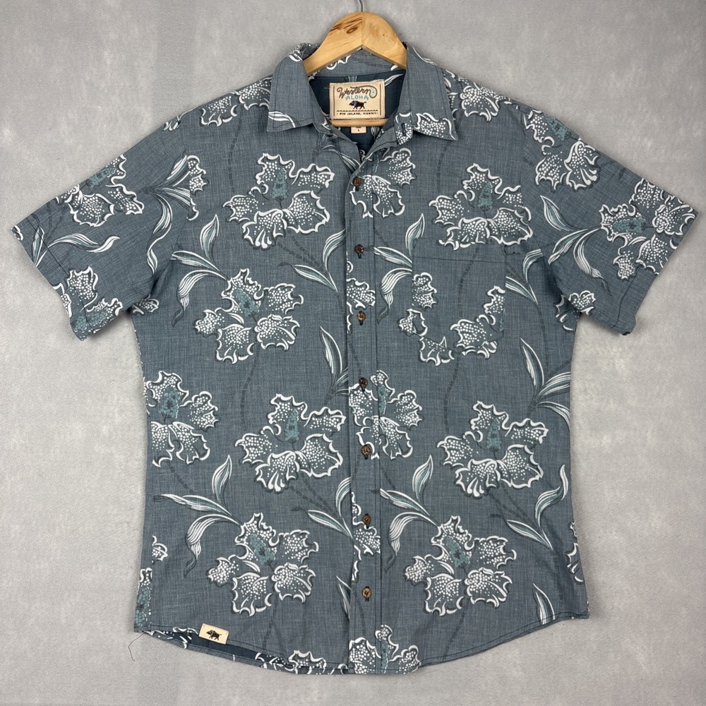 Western Aloha Shirt Mens Large Blue Gray Floral Hawaiian Button Up Casual Beach